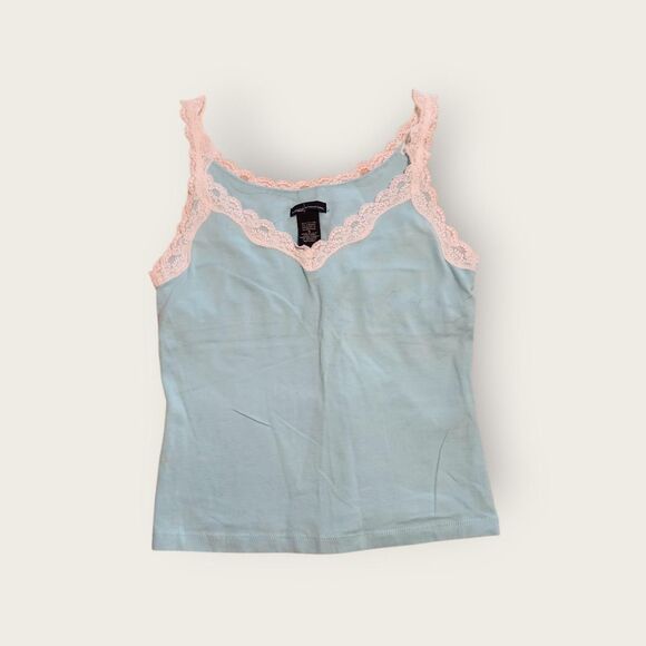 Moda International Tops - Vintage Y2k Moda International baby blue with white lace trim stretchy tank top
